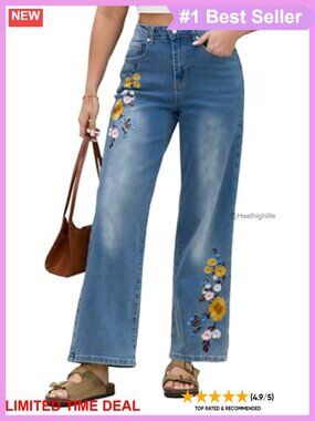 Women's High Rise Embroidered Floral Straight Leg Jeans with Pockets